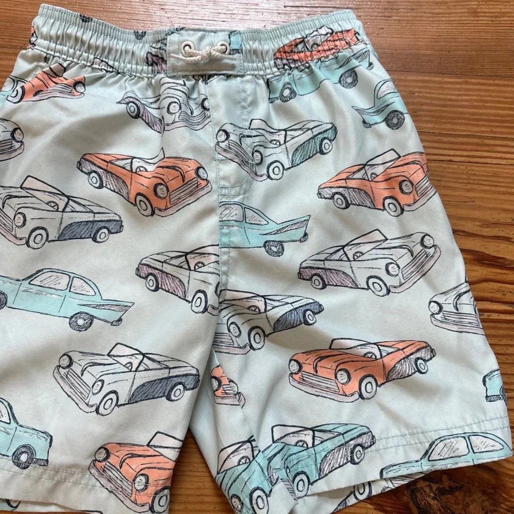 Tea Collection Swim‎ Trunks Kids Mint Green Excellent Vintage Car Print SIZE 8